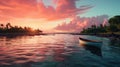 Pink Skies and Reflections, Single Boat, Serene Moments by a Lake at Sunset, Generative AI