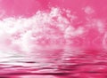 Pink sky with clouds reflected in the abstract fantasy water