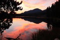 Pink sky over the lake in Rocky Mountain National Park during golden sunrise in Colorado Royalty Free Stock Photo