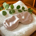 A pink sleep mask resting on a white fluffy towel with a sprig of eucalyptus in the background Royalty Free Stock Photo
