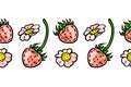 Pink small strawberries and flowers. Seamless pattern. Banner with color berries. Vector illustration