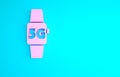 Pink Smart watch 5G new wireless internet wifi icon isolated on blue background. Global network high speed connection