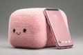 Pink smartphone and cute soft smart speaker assistant, plush stuffed toy, baby monitor and for listening to music and