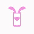 Pink smartphone icon with bunny ears and love heart isolated on white Royalty Free Stock Photo