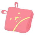 Pink smiling towel with happy face hanging. Cute bathroom accessory with joyful expression. Child-friendly home and
