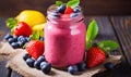Pink Smoothie in Glass Jar Surrounded by Berries and Lemons
