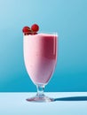 Pink smoothie with raspberries in a glass on a blue background