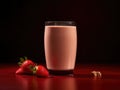 Pink smoothie with strawberries and nuts on a red background