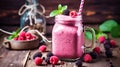 pink smoothie with wild cranberries in mason jar with mint and straw on rustic wooden background. Generative Ai