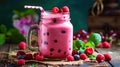 pink smoothie with wild cranberries in mason jar with mint and straw on rustic wooden background. Generative Ai