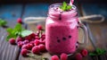 pink smoothie with wild cranberries in mason jar with mint and straw on rustic wooden background. Generative Ai