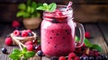 pink smoothie with wild cranberries in mason jar with mint and straw on rustic wooden background. Generative Ai