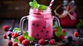 pink smoothie with wild cranberries in mason jar with mint and straw on rustic wooden background. Generative Ai