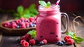 pink smoothie with wild cranberries in mason jar with mint and straw on rustic wooden background. Generative Ai