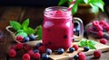 pink smoothie with wild cranberries in mason jar with mint and straw on rustic wooden background. Generative Ai