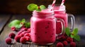 pink smoothie with wild cranberries in mason jar with mint and straw on rustic wooden background. Generative Ai