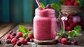 pink smoothie with wild cranberries in mason jar with mint and straw on rustic wooden background. Generative Ai