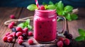 pink smoothie with wild cranberries in mason jar with mint and straw on rustic wooden background. Generative Ai