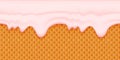 Pink smudges of glaze on a waffle background. Horizontal seamless crisp element with streaks. Template for frosting cone of ice