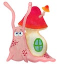 Pink snail cartoons. A snail with a mushroom on its back. Royalty Free Stock Photo