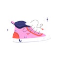 Pink sneaker Vector illustration. Textile shoes with rubber toe and loose lacing. Hand drawn flat print with contour