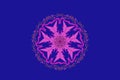 Pink snowflake with magenta angular edging on a blue background. symmetrical geometrical star symbol isolated. Modern abstract