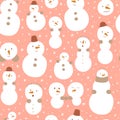 Pink Snowman. Cute pink Christmas snowman seamless patterm. Childish funny snowman with smiling faces. Happy New Year