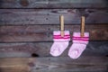 Pink socks hang on the clothespin wooden background Royalty Free Stock Photo