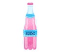 Pink soda bottle with bubbles and blue label. Refreshing carbonated soft drink concept. Vector illustration. Royalty Free Stock Photo