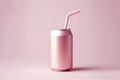 pink soda can with paper straw on solid pastel background. ai generative