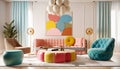 Pink sofa and colorful barrel chairs near multicolor round coffee table. Pop art playful interior design of modern living room. Royalty Free Stock Photo