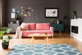 Pink sofa in grey living room interior with poster above green c Royalty Free Stock Photo