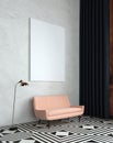 Pink sofa in living room with concrete wall and big frame poster on it. Scandinavian style interior design of modern living room. Royalty Free Stock Photo