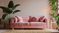 pink sofa with potted plants and heart light, light gray and brown, wood, cute and colorful, contemporary candy-coated