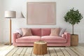 pink sofa with potted plants and heart light, light gray and brown, wood, cute and colorful, contemporary candy-coated