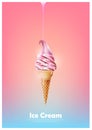 Pink soft ice cream cone, Pour melted pink syrup, strawberry milk flavor, Vector illustration