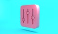 Pink Sound mixer controller icon isolated on turquoise blue background. Dj equipment slider buttons. Mixing console