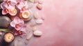 Pink spa background with orchids, candles and sea stones. Top view copy cpace Royalty Free Stock Photo