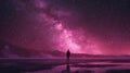 Pink space scape. Small silhouette of a human on the galaxy background of the starry sky. Concept of infinity of the universe