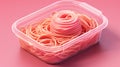 Pink spaghetti in nest shape in plastic take away container on minimalist pink background