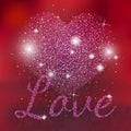 Pink sparkles heart on red background. Pink glitter heart. Love sparkles text.