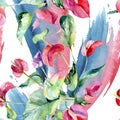 Pink spathiphyllum floral botanical flowers. Watercolor background illustration set. Seamless background pattern.