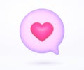 Pink speech bubble with heart, love message, 3d vector illustration