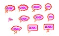 Pink speech bubble Icons set wish inscription oink. Lettering vector design elements. Cute text the voice of the pig. Funny pig ve Royalty Free Stock Photo