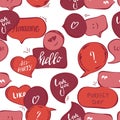 Pink speech bubbles seamless pattern. Vector background of red bubbles with word: hello , amazing, love you, perfect day