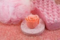 Pink sponge, bast and rose soap.