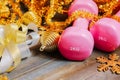 Pink sport dumbbells with Chrismas decoration items and gift bow