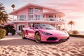 pink sportcar in action front of a luxury pink house. ai generative