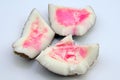 Pink spots on coconut. Coconut turned pink after opening because of polyphenol oxidase or microbial attack, which that lead to the Royalty Free Stock Photo