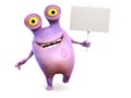 A pink spotted monster holding sign. Royalty Free Stock Photo